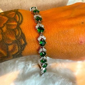 Simulated Emerald CZ tennis bracelet silver tone 7in 2in extender